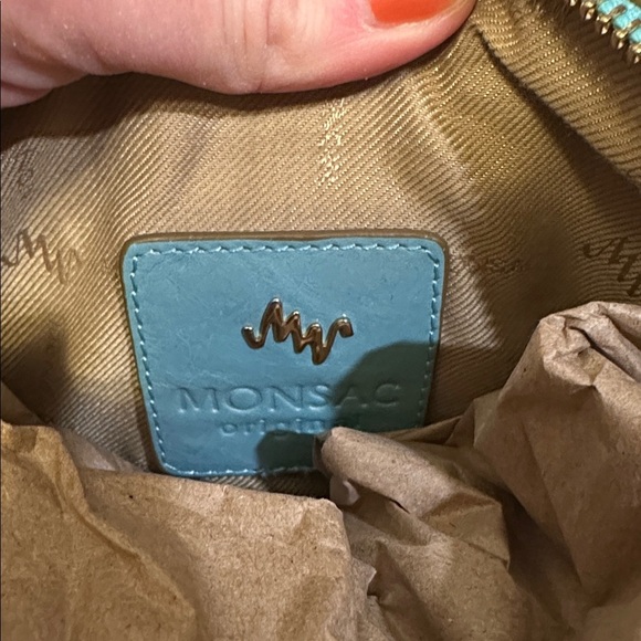 MONSAC Blue Genuine Leather Gold Accent Mini Barrel Bag with Bamboo Handles - Picture 7 of 9